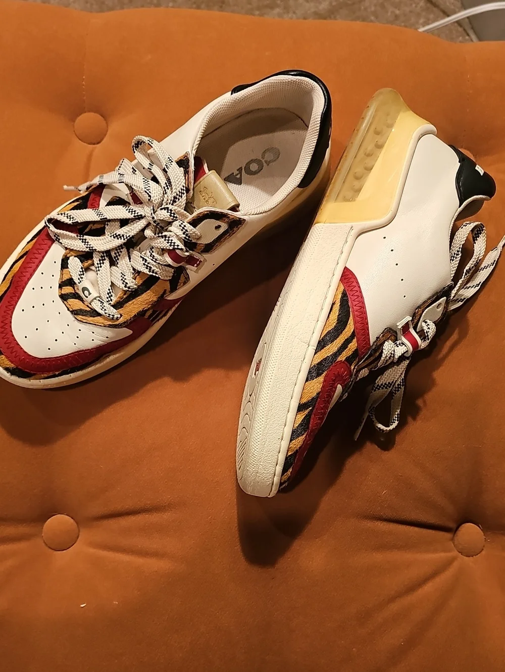 Coach White Sneakers with Red & Tiger-Print Accents